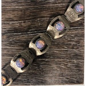 Vintage Mexican Alpaca Fire Opal Slash Foil Opal Glass Bracelet 7”